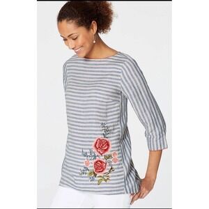 J Jill Embroidered Floral Boho Striped Love Linen Top Size 2X Contrast Sleeve